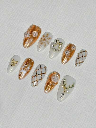 10 Stück Weihnachts-Aufklebe-Nägel, mittelgroße mandelförmige Spitzen, süße 3D-Stil Designs mit weißen & hellbraunen Nägeln, Chrom Hirsch, Glocke, Kranz, Schneeflocke Aufkleber (Das Aufkleber-Muster kann sich ändern) - Abnehmbare Fake-Nägel, handgefertigtes Acryl-Aufklebe-Nagel-Set, wiederverwendbares Winter-Festival-Nail-Art-Set für Frauen, Mädchen, Nagel-Enthusiasten DIY-Geschenke, tägliche Mode & festliche Anlässe