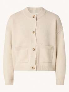 1pc Solid Color Knit Fabric Ribbed Front Button Pocket Cardigan, Suitable For Office, Home, Daily Wear, Autumn