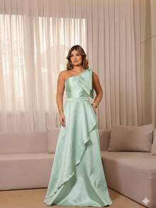 One-Shoulder Long Dress With Structured Bow – Unparalleled Elegance For Parties And Timeless Celebrations* - Mint Green - View 5