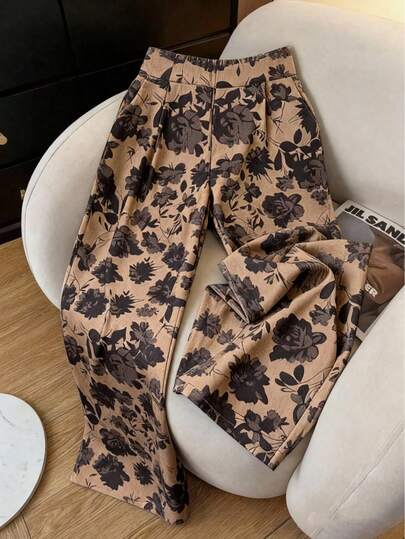 Elegant Casual All-Over Leaf & Floral Print Corduroy Pocket Commuter & Home Wear, Spring/Autumn/Winter