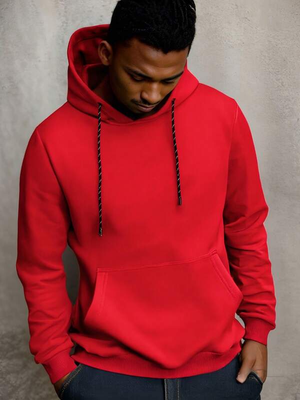 Fashionable Casual Pullover Sweatshirt, Men's Sports & Daily Versatile Long Sleeve Top, Kangaroo Pocket - Machine Washable, Red Hooded Pullover Sweatshirt, Casual Men's Outfit For Spring & Autumn
