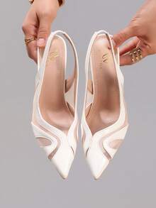 蕾丝拼接白色高跟凉鞋，性感尖头晚宴派对婚鞋，镂空透气时尚细高跟鞋 - 白色 - 查看 5