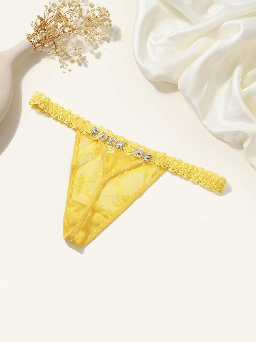 Customized Name Crystal Letter Thong Panties, Sexy Lingerie, Personalized Rhinestone Underwear, Bridal Gift, Women's Intimate Apparel - Yellow - View 1