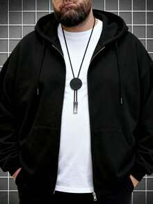 加大码男士夹克，休闲百搭拉链连帽夹克，带抽绳和口袋，春秋季款 - 黑色 - 查看 1