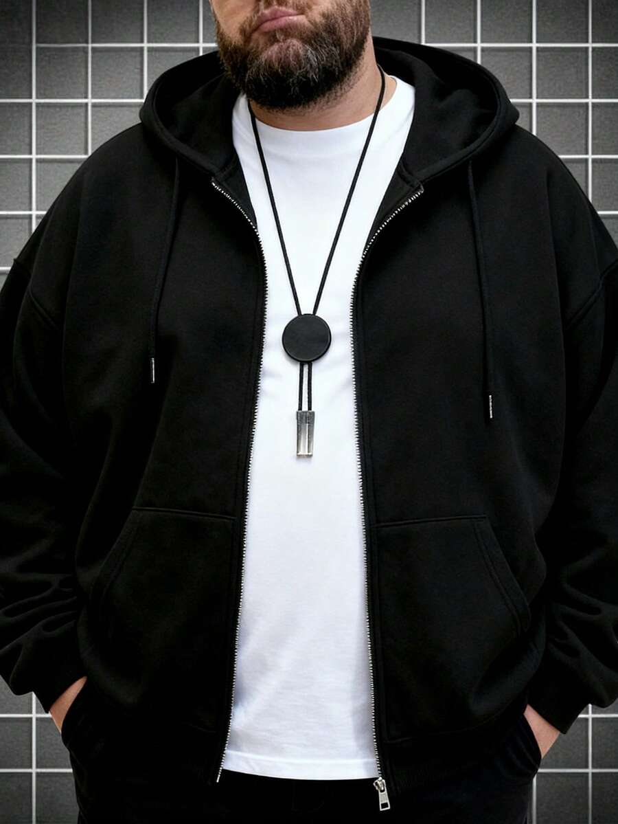 加大码男士夹克，休闲百搭拉链连帽夹克，带抽绳和口袋，春秋季款 - 黑色 - 查看 1