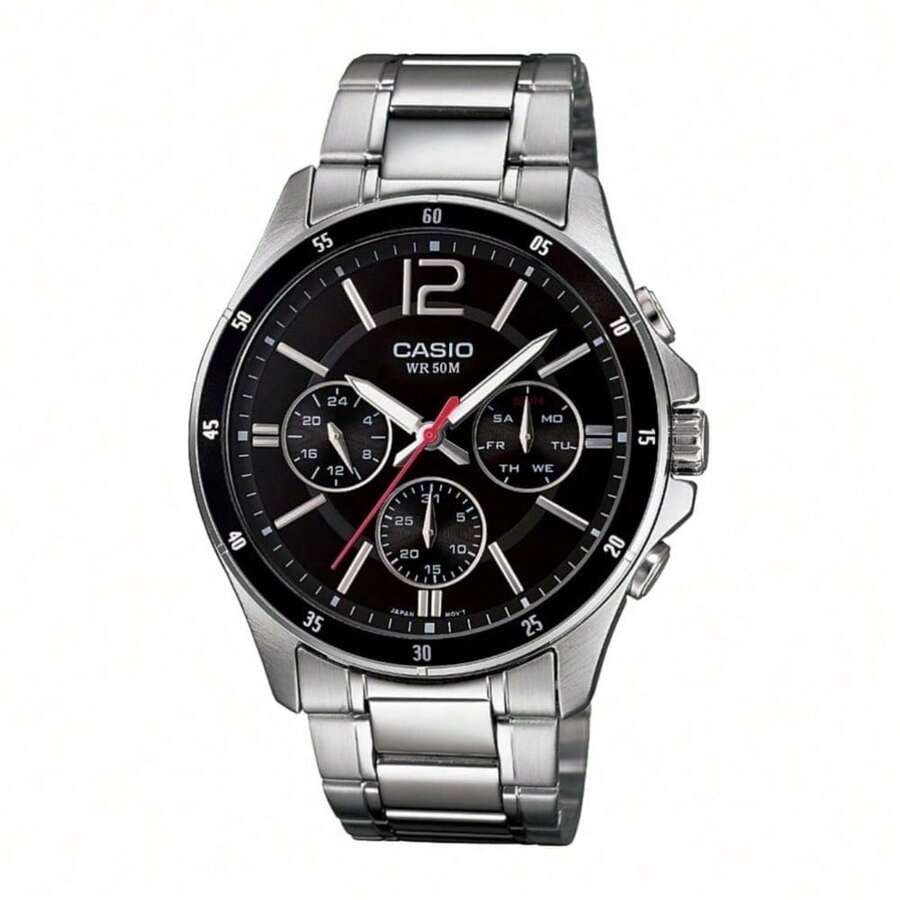 Jam Tangan Quartz Casio Multi-Scene Vintage, Dial Hitam, Tali Stainless Steel, Ketahanan Air 50M, Tanggal dan Hari, Cocok untuk Pakaian Kerja dan Olahraga Sehari-hari