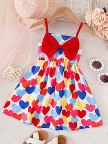 Young Girls' Valentine's Day Cute Bow & Heart Print Camisole Dress - Multicolor - View 3
