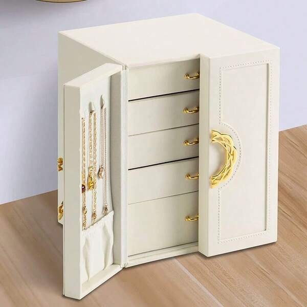Leather Jewelry Box Luxury Table Top Jewelry Chest 5 Layer Jewelry Display Storage Case Removeable Drawers For Earri...