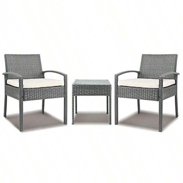 Gardeon Outdoor Bistro Set Wicker Patio Furniture Table And Chairs Lounge Setting Backyard Garden Porch With Cushions Armrest Blackrest Glass Top Grey