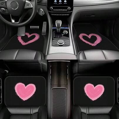 4 piezas Juego de alfombrillas de coche con estampado de corazón rosa, Almohadillas universales para los pies del coche, Alfombra de vehículo - Cobertura completa delantera y trasera de accesorios interiores de coche, Suministros de coche para mujeres, Regalo para niña, Alfombrillas de vehículo de terciopelo de cristal aptas para sedán, camioneta, SUV, interior de coche, accesorios de coche, artículos esenciales de coche