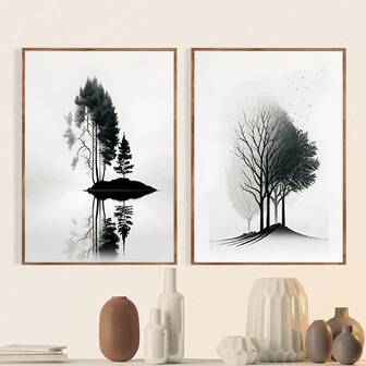1/2 piezas Pósteres de arte de pared de viaje - Pinturas decorativas en estilo de tinta y lavado en blanco y negro - Líneas simples - Adecuado para decoración de pared de sala de estar, estudio, oficina - Pósteres de imagen impresa - Arte de pared de lienzo - Pinturas decorativas (Sin marco/Enmarcado)