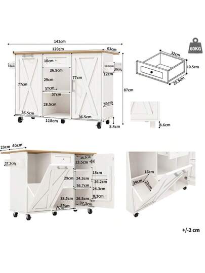 Moderne Kitchen Isl Cabinet Waste Bins, Sideboard, Multifunctional Dining Tafel Storage Space, Food Cart Snack Shelves Stretch Function Cabinets, Wit view 5