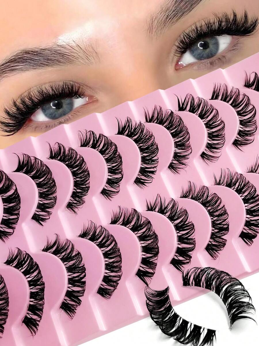 Rikuaild 10 Pairs D Curl Fluffy Volume False Eyelashes Dramatic Messy Lashes Clear Band Wispy Long 3D Extension Eyelash Full Strip Lashes And Volumize The Outer Corner Of Your Eye Beauty Makeup For Dating&Party&Music Festival Reusable Thick Fluffy Lashes Makeup - 俄羅斯條狀假睫毛 - 查看 1
