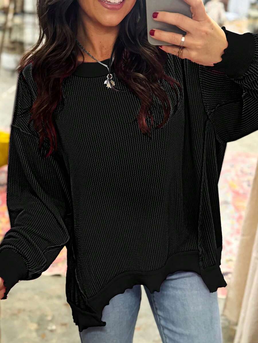 Acelitt Autumn Solid Color Textured Striped Cuffed Long Sleeve Casual Loose Crew Neck T-Shirt Spring - Black - View 1