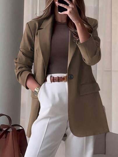 1pc Women's Winter Solid Color Blazer Jacket, Stylish Pockets & Lapel, Loose Fit For Office & Daily Wear, Winter Clothes For Women.