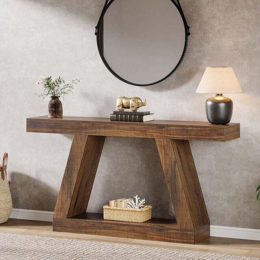 LITTLE TREE Rustic Wood Console Table, 108cm Slim Side Table With Geometric Metal Base, Space Saving Hallway And Sofa Table For Entrance, Living Room - Brown - View 1