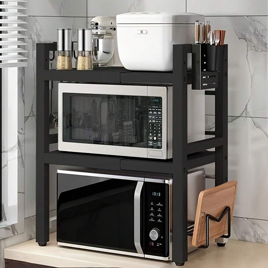 Senmeo Estantería de cocina de 3 niveles para microondas - Extraíble con 6 ganchos, soporte para cuchillos/palillos/tabla de cortar y almacenamiento de carbón, ahorro de espacio, fácil de montar (organizador de alta capacidad de carga) - Tres capas negras - Ver 1