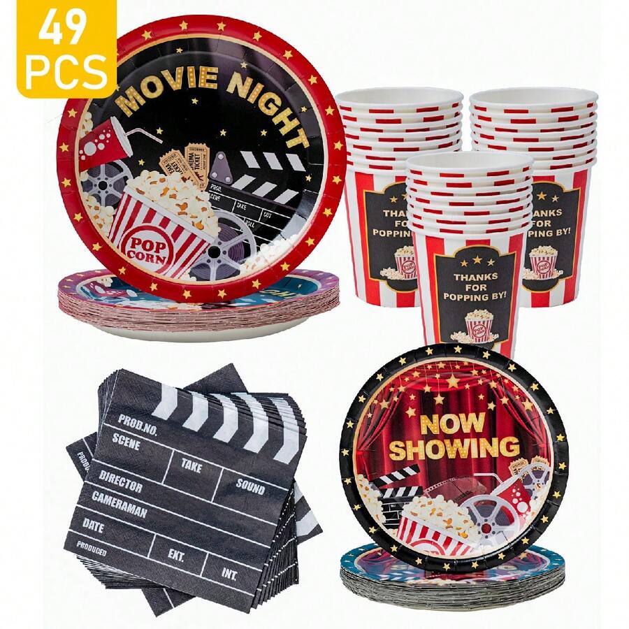 Movie Night Theme Disposable Plate, Napkin, Cup Set, Plates, Napkins And Cups Party Supplies, Serves 8 Guests, Disposable Paper Plates Party Tableware Suitable For Birthday, Wedding, Theme Party, Family Picnic - Multicolor - View 1