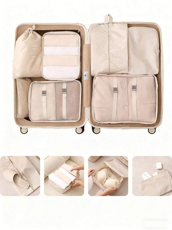 8pcs Travel Packing Cubes Set - Compression Organizer Bags, Large Capacity Waterproof Clothes Organizer, Foldable Luggage Organizer Bags, Zipper Pouches, Shoe Bag, Drawstring Bag, Toiletry Bag, Lingerie Bag, Makeup Bag For Easy Packing