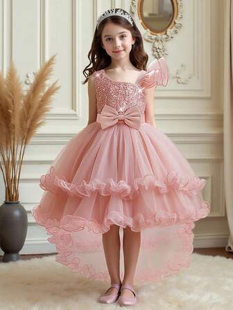 Vestido de bola elegante y lujoso con hombros con lentejuelas, cintura con lazo y tul con cola, adecuado para niña de las flores, boda, pasarela, sin diadema