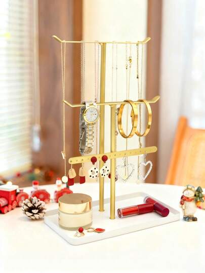 1 szt. Elegancki stojak na biżuterię, pudełko do przechowywania: 3-poziomowy organizer na naszyjniki, kolczyki, pierścionki i bransoletki – stylowy złoty i biały eksponat do wystroju domu i przechowywania – idealny prezent na Boże Narodzenie, Święto Dziękczynienia i Nowy Rok dla sióstr, matek i córek, idealny na niespodzianki walentynkowe i specjalne okazje