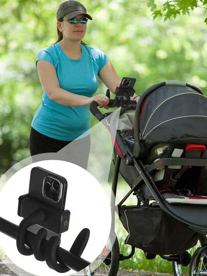حامل هاتف محوري محمول قطعة واحدة، قابل للانحناء مناسب لعربة الطفل، مناسب للهاتف الذكي وكاميرا DSLR وكاميرا CCTV - أسود