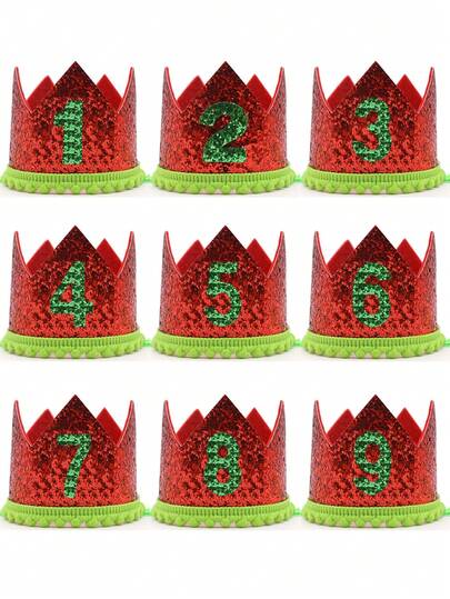 Watermelon Color Birthday Party Crown Hat, Birthday Costume Headpiece, Red Glitter Shiny Party Hat, Handmade Glued Number 1, 2, 3, 4, 5, 6, 7, 8, 9 Birthday Party Hat