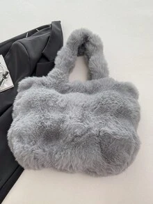 秋冬新款毛绒单肩包，大容量手提包，拼接托特包，纯色仿毛皮手提包，多功能女士包，优雅百搭通勤包 - 灰色 - 查看 9