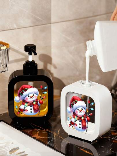 Dispensador de jabón navideño con bomba - Diseño de muñeco de nieve con gorro de Papá Noel, dispensador de jabón recargable para baño y cocina, ventana transparente para rellenarlo fácilmente, decoración navideña - compatible con jabón líquido, accesorios para fregadero de cocina, diseño festivo, plástico duradero