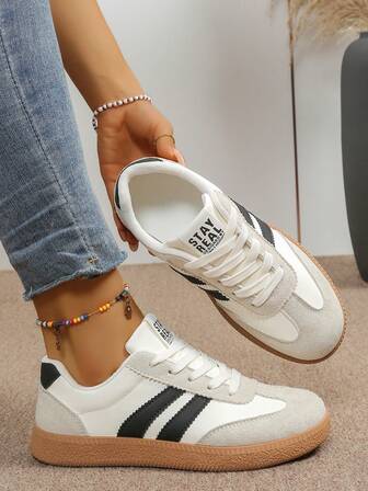 Women's New Fashion Casual Sports Shoes, PU Patchwork Hook And Loop Sports Sneakers Low-Top Lace-Up Flat Running Shoes