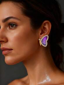 Hoa tai đính đá hình bướm - Màu tím - Xem 2