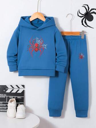 2pcs/Set Boys' Casual Sports Spider Graphic Hoodie Sweatshirt And Pants Set, Autumn/Winter
