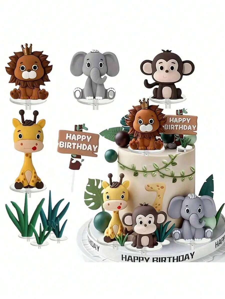 13pcs Or 1pc Forest Leaf Cake Decorations, Jungle Animal Cake Toppers, Lion Giraffe Elephant Monkey Grass Cake Decorations, Happy Birthday Tree Brand Cake Inserts, Suitable For Birthday Cake Decorations, Forest Theme Party Cake Decoration Supplies, Baptism Cake Decorations,Babyshower Cake Toppers(Do Not Touch The Cake Directly; Please Use With A Tray And A White Rod.) - Multicolor - View 1
