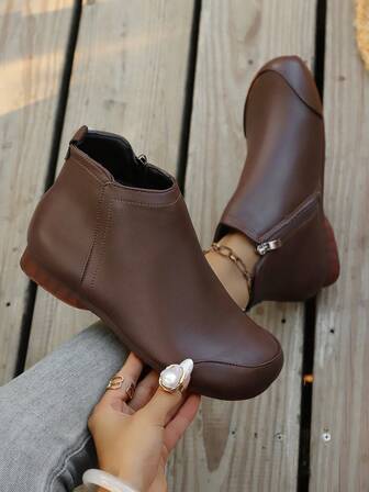 Women's Plus Size Comfortable Versatile Simple Round Toe Ankle Boots, Suitable For Commuting, Spring/Autumn