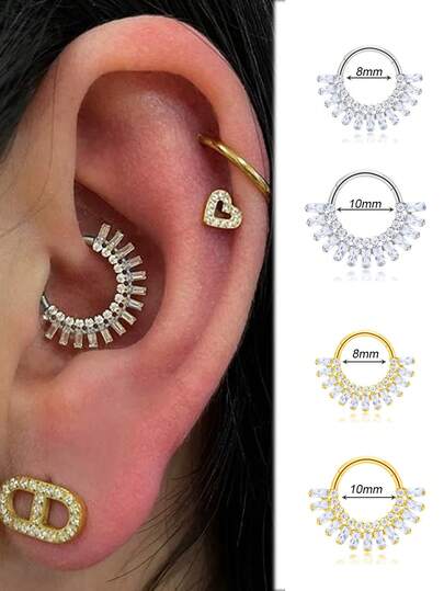 A 316 Surgical Stainless Steel Cartilage Earring Studded With Diamond-Like Cubic Zirconia Crystals, In A Hoop Style, Friendly To Ear Piercings With Low Allergenicity. Wire Gauge 16G, Diameters 8mm And 10mm. Available In Gold Andsilver.