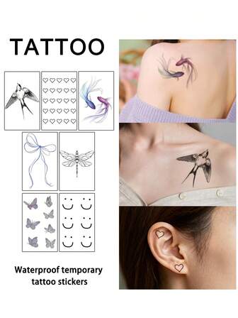 7 st. falska tatueringar tillfälliga tatueringar Y2K guldfisk trollslända fjäril hjärta leende ansikte svälja rosett svettålig engångs för kvinnor och män ansikte, arm, midja, bröst, ben, buk, nacke, hand, finger, rygg för dansfest scenuppträdande modernistisk kroppskonst