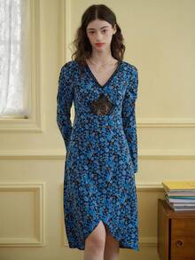 Simple Retro Women's Polyester Lace Print V-Neck Long Sleeve Maxi Dress - Blue - View 4