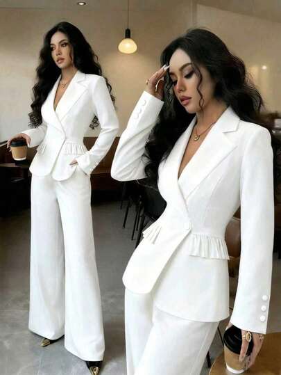 Chaqueta de mujer casual de verano de unicolor con solapa, manga larga, un solo botón, plisada, con bolsillo, apropiada para la oficina