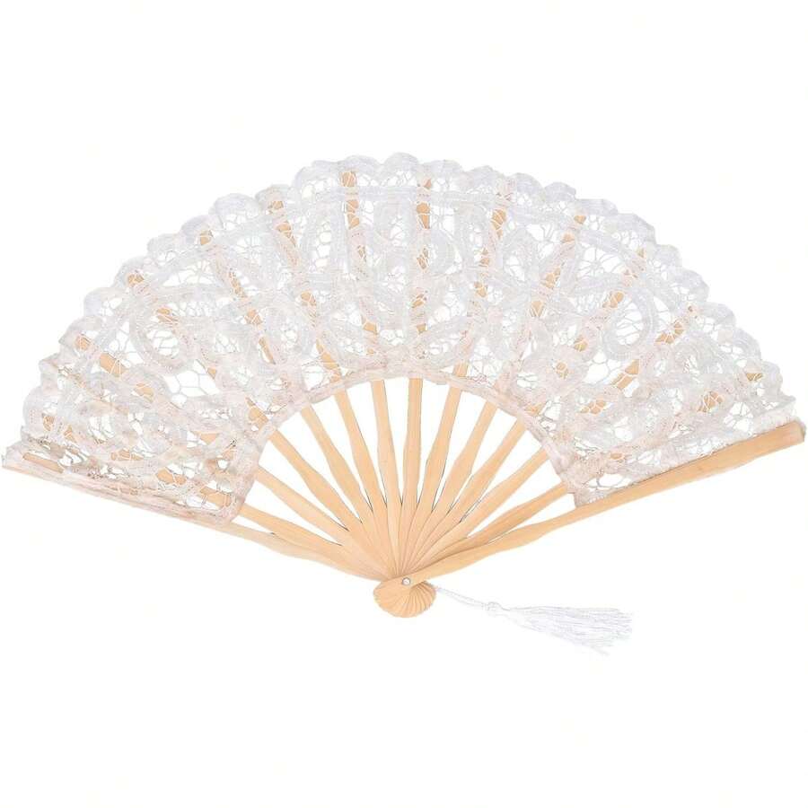 Abanico Plegable de Encaje con Huesos de bambú, Estilo Vintage, Portátil y Liviano, para Decoración de Ropa de Alto Rendimiento - Blanco - Ver 1