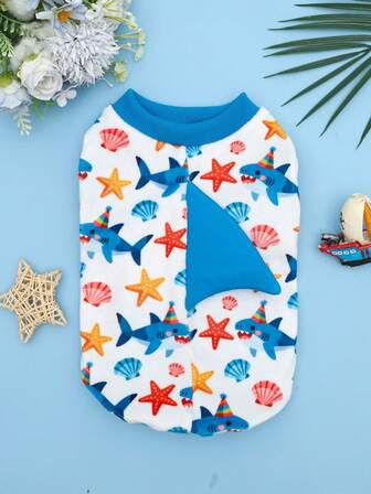 1pc Pet Dog Shark Fin Backpack & Starfish Shell Print Summer Outfit (Teddy/Small Dog)