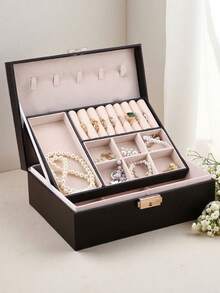 Large Capacity Jewelry Storage Box, Double Layer Lockable Necklace Earring Organizer Box, Big Space Ring Earring Jewelry Box, Double Layer Jewelry Box, Leather Portable Jewelry Box With Removable Tray, Fabric Lining, Key Lock Closure - Desktop Storage, Travel Jewelry Box, Jewelry Organizer For Necklaces, Rings, Watches, Bracelets, Best Gift For Family, Friends, Students, Teachers, Goddess, Holiday Gifts