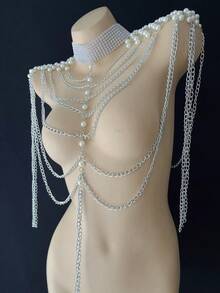 ZHENGHEN 1 pieza Cadena para el Body con tirantes finos y flecos metálicos de estilo gótico y sexy en color negro, cadena de hombro de lujo, atuendo de fiesta de moda para la reina - Beis - Ver 5