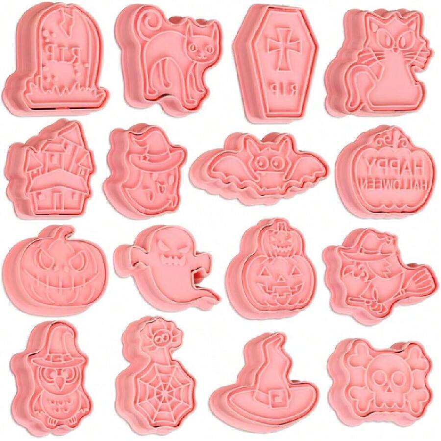16 Pcs Halloween Cookie Cutters, 3D Cookie Cutter With Plunger Stamp, Halloween Cookie Molds -Ghost, Bat, Pumpkin, Cat, Castle,Tombstone, Witch, Spider, Skull, Etc.,27314957 - 中紫紅色 - 查看 1