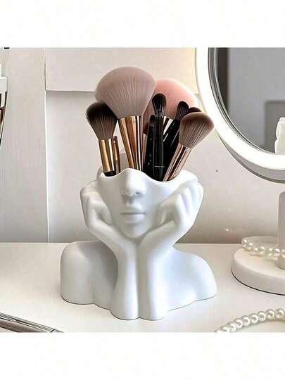 1pc Makeup Brush Holder - Elegant Face Storage Box With Brush Slots, No Assembly Required, Suitable For Home, Salon, Office - Compatible With Makeup Brushes, Eyebrow Pencils, Lipsticks - Modern Manicure Desk Decor, Artistic Design, Lightweight Construction, Compact & Practical, Salon Accessory, Home Organizer