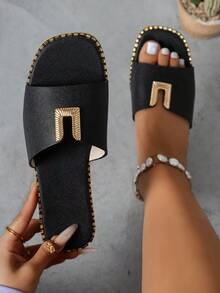 Damskie sandały na co dzień w stylu boho, na lato 2026, płaskie, kwadratowe, czarne, wsuwane, idealne na zewnątrz, na plażę, na święta, na co dzień, niezbędne na Ramadanie - Czarne - Zobacz 3