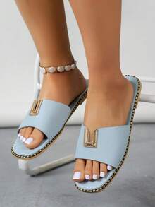 Sandals bệt màu đen: Quai PU mềm mại và thoải mái, mũi vuông, thiết kế xỏ chân, chống trượt, phù hợp cho mùa hè, đi biển, đi du lịch. Dép lê khóa nhựa phong cách retro: Phong cách "Nữ thần" cổ điển, khóa nhựa trang trí, thoải mái mặc ở nhà. - Màu xanh nhạt - Xem 6