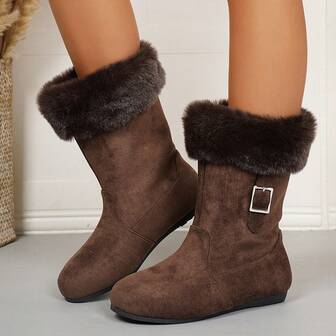 Women's Retro Brown Suede Short Boots, Fashion Furry Cuff Metal Buckle Decor Warm Flat Snow Boots For Winter