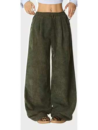 女式灯芯绒阔腿裤，腰部抽绳，休闲