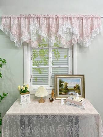 1Pc,Princess Style White Pink Double Layer Jacquard Lace With Ruffles Swag Waterfal Valance,Elegant Sheer Curtain Valance For Kitchen Bathroom Bedroom Rod Pocket Top