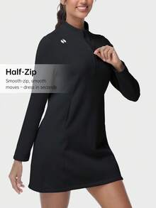 HOTSUIT 女款輕量針織抓絨連帽長版套頭洋裝，四分之一拉鍊、袋鼠口袋、四向彈性，適合高爾夫與春季戶外穿著 - 黑色 - 查看 4